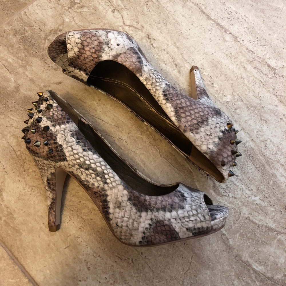 Fergie Snake Print Studded Heels